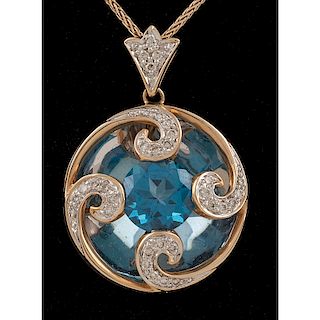 Parlé 14k Gold Blue Topaz and Diamond Pendant Necklace