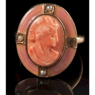 14k Gold Coral Cameo Ring