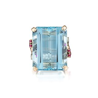 Retro Large Aquamarine Ruby and Diamond Ring