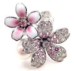 Mikimoto Sakura 18k White Gold Diamond Sapphire Pearl Flower Ring