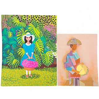 Lote de 2 serigrafías. Consta de Trinidad Osorio. Mujer con flores. Serigrafía 81/200 y Romeo Tabuena. Personaje tocando el tambor.