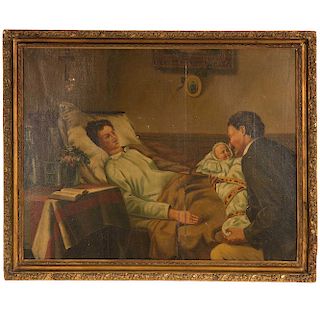 LOTE SIN RESERVA. Anónimo. Escena de maternidad. Óleo sobre tela. Enmarcado en madera dorada.