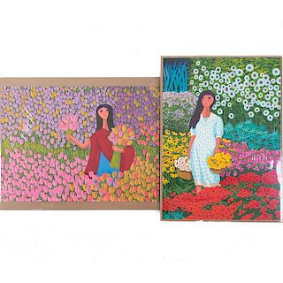 Lote de 2 serigrafías. Trinidad Osorio. Mujer con canastas 36/200 y Mujer con flores 49/200. Firmadas.