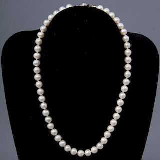 Collar. Elaborado con 51 perlas cultivadas, color blanco. 8 mm. Broche de plata. Peso: 39.9 g.