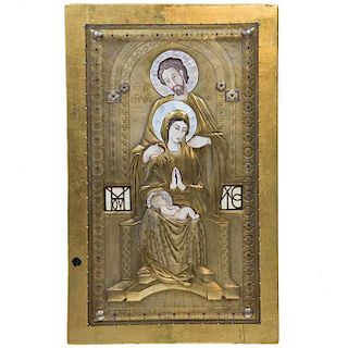 San José, la Virgen y el niño Jesús. Icono. Origen europeo. Siglo XX. Óleo sobre tabla con camisa de metal dorado.
