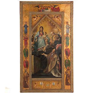 Anónimo. San Felipe adorando a la Virgen y diferentes santos y cortes angelicales. Óleo sobre tela y tabla. Enmarcado en madera dorada.