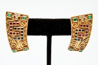 18K Gold Emerald Ruby Sapphire & Diamond Earrings