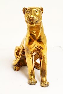 Large Cat / Seated Jaguar Brass Sculpture