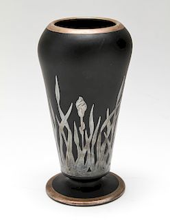 Rockwell Silver Overlay Iris Black Glass Vase