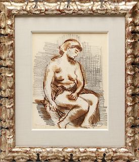 Moses Soyer "Seated Female Nude" ink & graphite