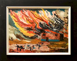 Illegibly Signed "Adobe Pueblo House on Fire" Oil