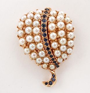 18K Gold & Pave-Set Sapphires & Pearls Leaf Brooch