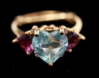 14K Gold Heart-Shaped Blue Topaz & Amethysts Ring