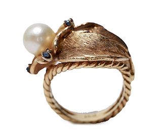 14K Gold, Pearl & Sapphires Leaf Motif Lady's Ring