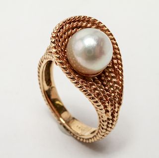 Gold & Large Pearl Lady's Braided Motif Ring
