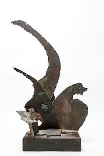 Brutalist Torch Cut Steel Sculpture of a Bird