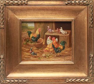 L. Cassidy Roosters Chickens Pigeons Oil on Board
