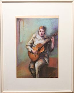 Harlequin with Guitar, Signed, Pastel on Paper