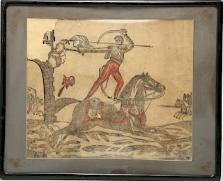 French Woodcut Hussar Cavalry Print, Antique