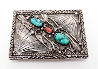 Native American Silver Turquoise Coral Belt Buckle