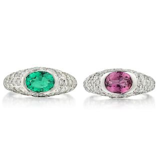 A Set of Emerald Pink Sapphire and Diamond Rings