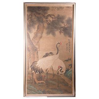 An 18th / 19th century Chinese painting of cranes.