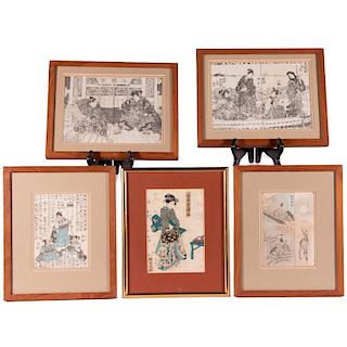 Five Japanese woodblock prints.
