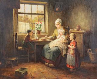 GRUST, F.G. Oil on Canvas. Woman and Children.