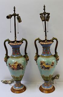 Large Pair of Majolica Urns as Lamps.