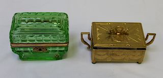 Antique Green Glass Vanity Box Together