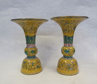 Pair of Famille Jaune Enamel Altar Vases.