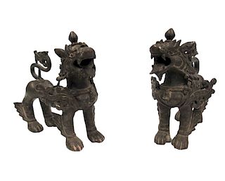 Pair of Nepalese Bronze Foo Dogs.