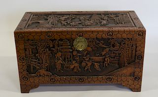 Antique and Highly Carved Asian Trunk with Camphor