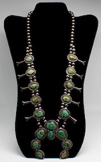 JEWELRY. Signed Turquoise Squash Blossom Necklace.