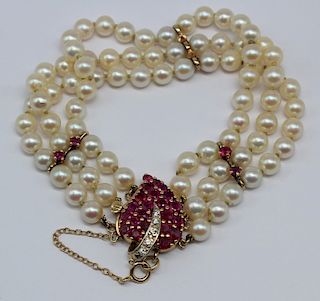 JEWELRY. Vintage 14kt Gold Pearl and Ruby Bracelet