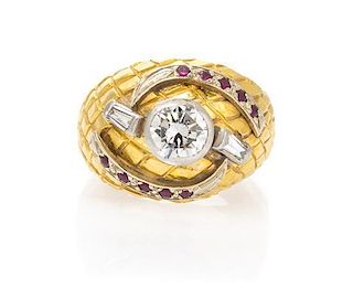 A Yellow Gold, Platinum, Diamond and Ruby Ring, 6.60 dwts.