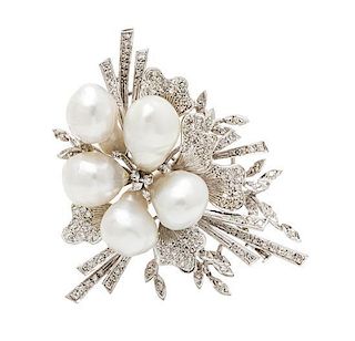 An 18 Karat White Gold, Cultured South Sea Pearl and Diamond Brooch, 26.90 dwts.