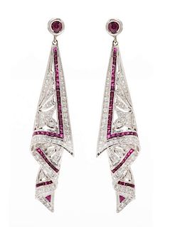 A Pair of 18 Karat White Gold, Ruby and Diamond Earrings, 5.60 dwts