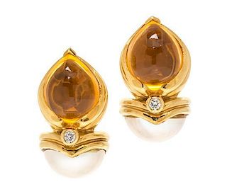 A Pair of Yellow Gold, Citrine, Mabe Pearl and Diamond Earclips, 21.00 dwts.