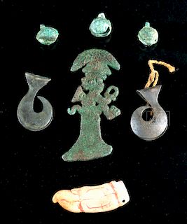 Lot of 7 Chimu Inca Silver, Bronze, Copper & Bone Items
