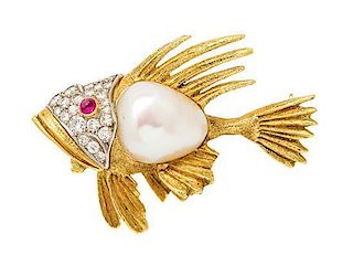 An 18 Karat Gold, Cultured Baroque Pearl, Diamond and Ruby Fish Brooch, 12.80 dwts.