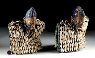 Pair of 20th C. Yoruba Painted Wood Ibeji w/ Shells