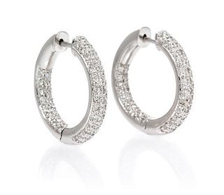 A Pair of 14 Karat White Gold and Diamond Hoop Earrings, 7.60 dwts.