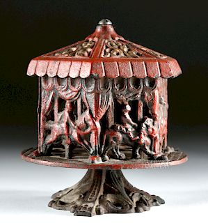 19th C. Cast Iron Bank - Spinning Carousel