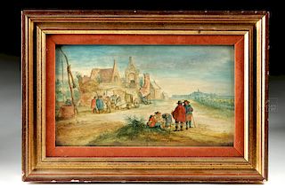 18th C. French Painting - Men Setting Up Wagon Cover