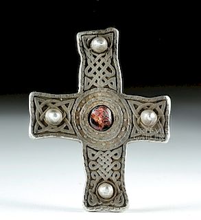 Viking Silver Brooch w/ Knots & Garnet, 86.4 g