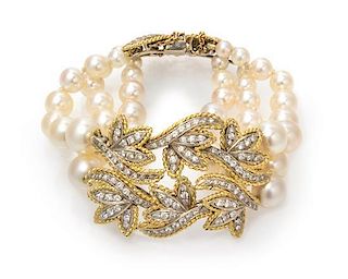 A Gold, Diamond and Graduated Cultured Pearl Bracelet, 25.20 dwts.