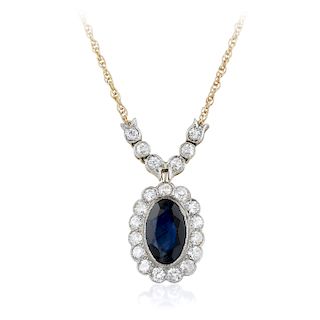 Edwardian Sapphire and Diamond Pendant Necklace