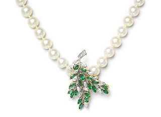 A Platinum, 18 Karat Yellow Gold, Emerald, Diamond and Cultured Pearl Necklace, 8.10 dwts. (Brooch only)