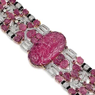 A Wide Carved Pink Tourmaline and Diamond Bracelet